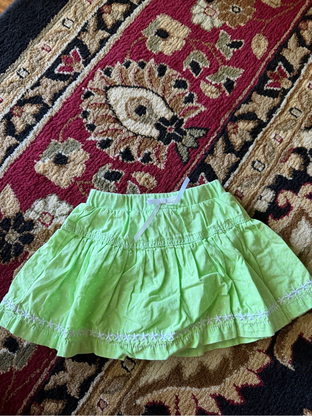 10/20 George Bright Lime Green Tiered Skirt with White Embroidery